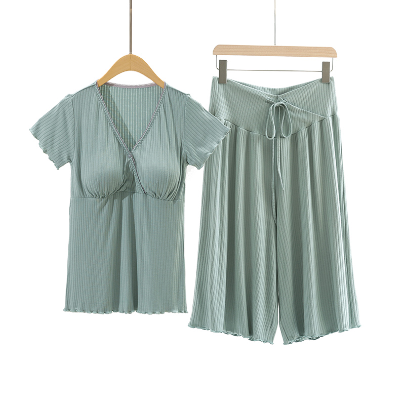 月子服夏季薄款短袖七分裤套装孕妇产后哺乳睡衣喂奶8家居6月份7