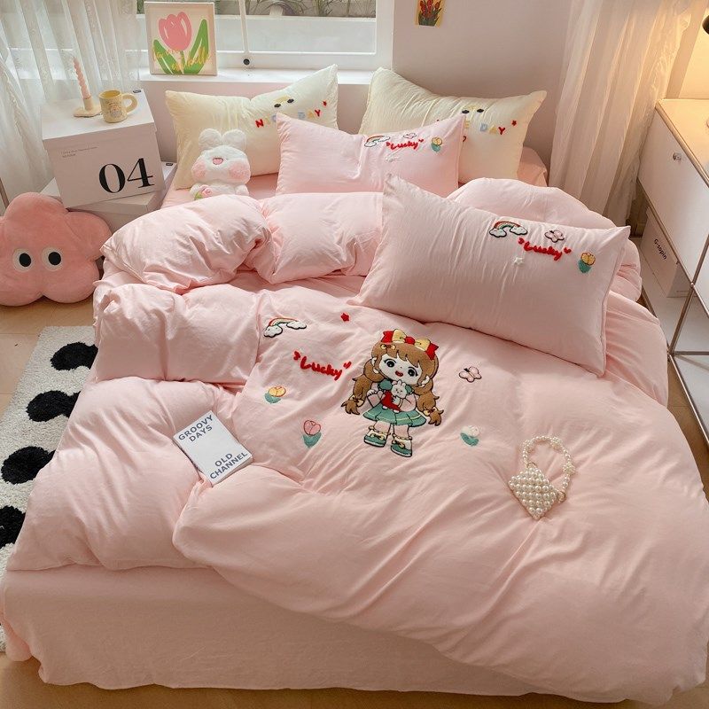刺绣床单四件套全棉水洗棉卡通床单大学生宿舍三件套床上用品,床上用品,床品套件/四件套/多件套,淘宝优惠券,粉丝福利购,淘宝优惠卷