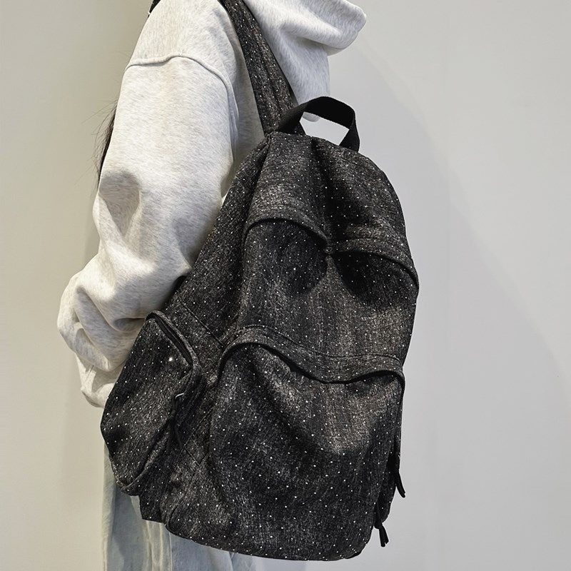 牛仔布亮晶晶设计感书包女生慵懒风大容量双肩包轻便韩系旅游背包