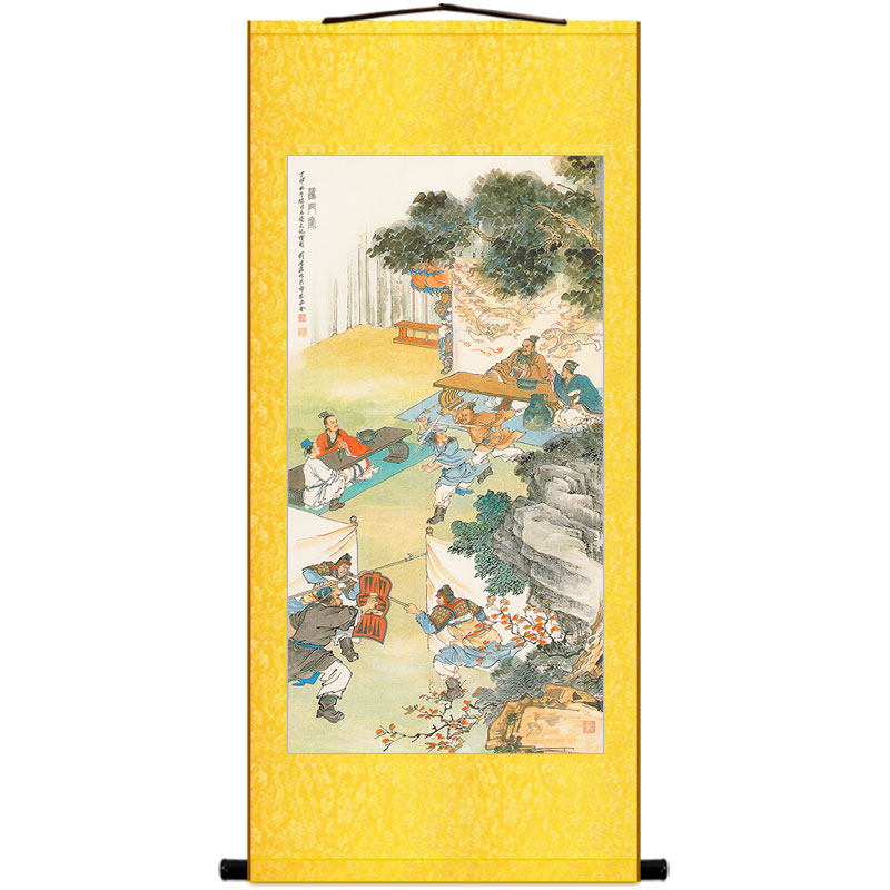 速发鸿门宴 刘邦项羽历史典故人物卷轴挂画 中式绢布丝绸装饰画定