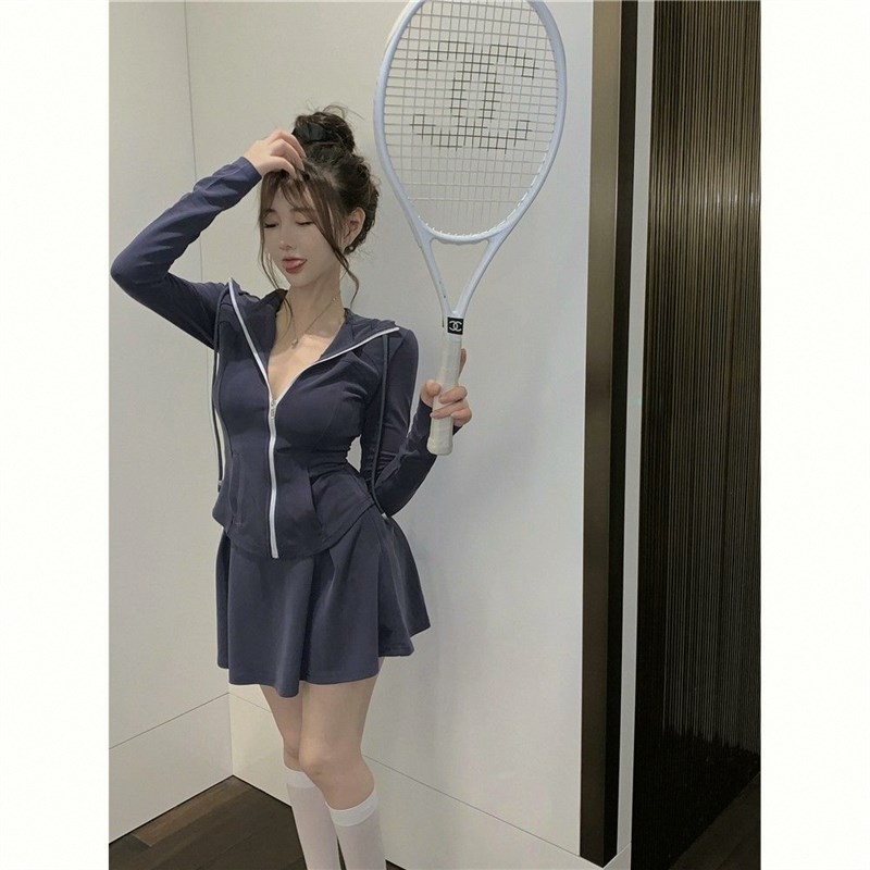 运动甜辣妹气质时尚套装女夏季蓝色薄款卫衣外套高腰半身裙两件套