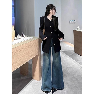 微喇阔腿牛仔裤加长版高个子女裤秋冬加绒喇叭裤拖地裤垂感高级感