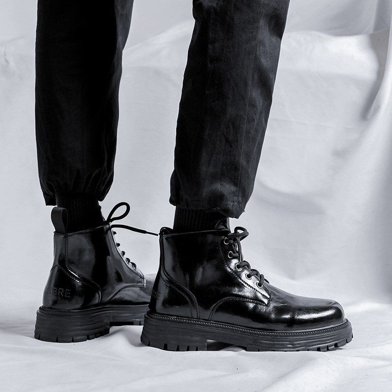马丁靴男款低帮秋季英伦风高帮皮鞋厚底男生漆皮黑色中帮短筒靴子