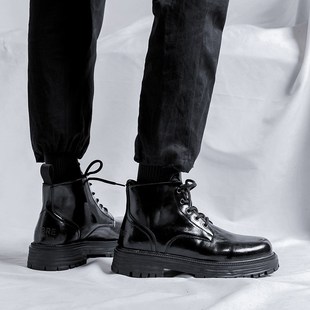 马丁靴男款低帮秋季英伦风高帮皮鞋厚底男生漆皮黑色中帮短筒靴子