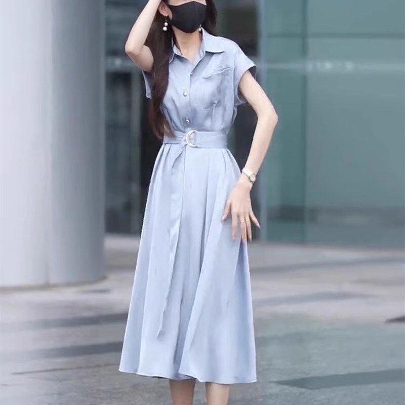 欧洲站夏季新款港风复古高级感洋气时尚通勤职业收腰衬衫连衣裙女