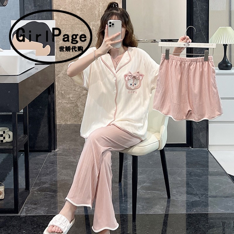 日本gp夏天网红甜美卡通睡衣女三件套装短袖纯棉高级感家居服