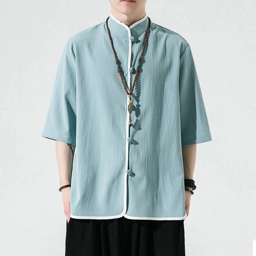 中国风夏季薄款休闲唐装衬衫中式复古盘扣对襟茶服男免烫抗皱半袖