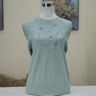 针织上衣中老年女装 圆领绣l花薄款 宽松型套头镶钻毛线 秋季 妈妈装