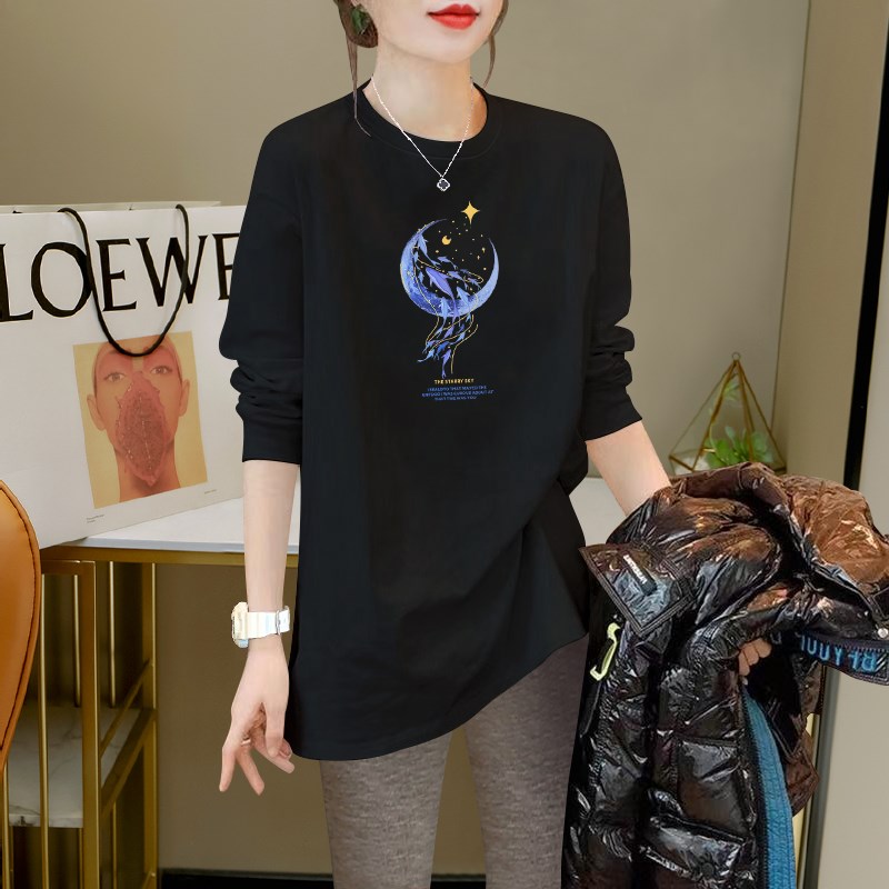 欧货白色t恤女长袖2025春秋新款叠I穿内搭遮屁股中长款打底衫
