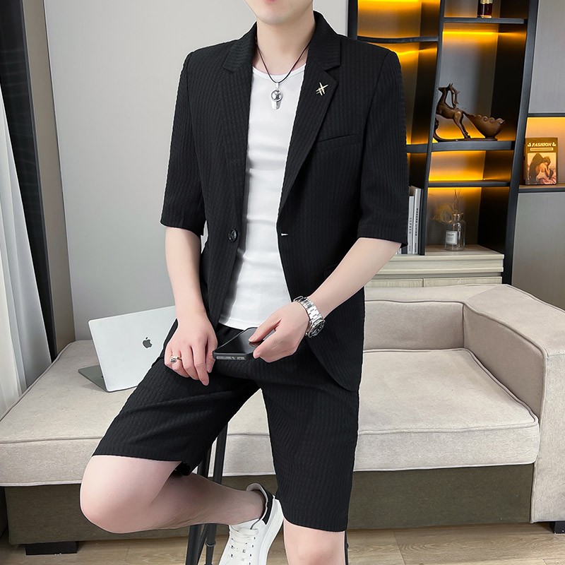 TWG潮牌西装套装男韩版潮流修身痞帅高级感休闲七分袖西服两件套