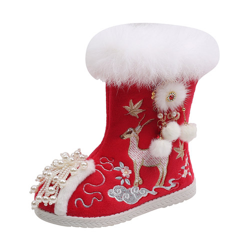 中国风汉服鞋女童加绒棉鞋冬季儿童绣花鞋复古P公主鞋宝宝大棉棉