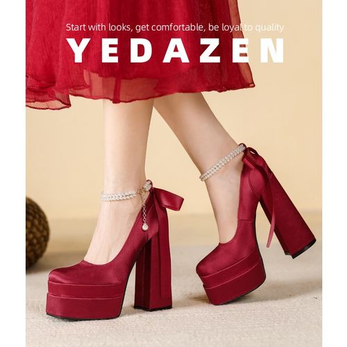 增高15CM绝美主婚纱鞋禾秀两穿新娘中式红色防水台超高跟鞋女粗跟