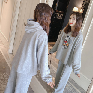 秋装 套装 时尚 冬季 加绒卫衣外套女冬装 秋冬款 大码 两件套上衣 孕妇装