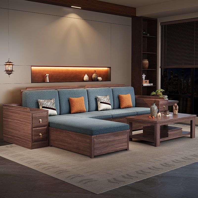 新中式黑胡桃木全实木沙发客厅现代简约大小户型冬夏两用储物沙发