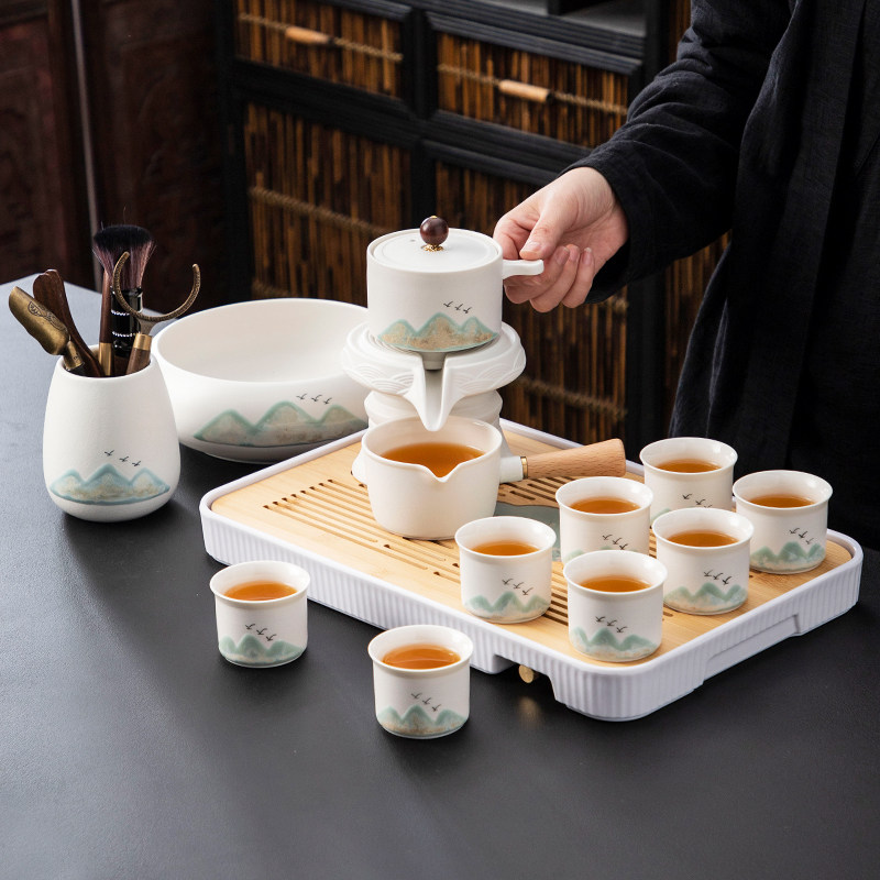 手绘远山懒人功夫茶具套组家用防烫泡茶壶陶瓷茶杯石磨半自动冲茶