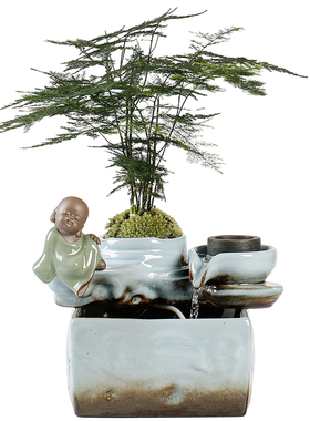 招财流水摆件转动石磨室内摆设办公室创意开业礼品T陶瓷客厅送礼