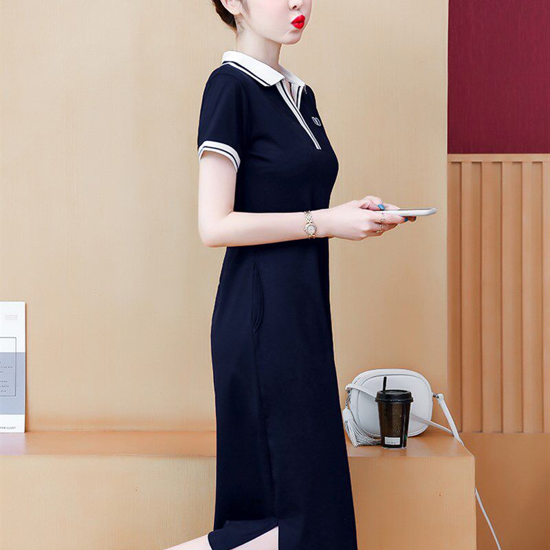过膝polo连衣裙女装夏2023宽松遮肚大码翻领气质休闲运动T恤裙潮