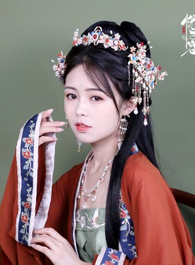 悦己容古风头饰流苏景泰蓝珍珠钗簪花钿发夹后压明制汉服[观澜]