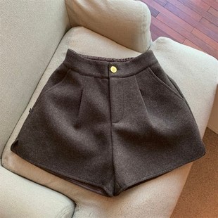 秋冬季新款毛呢女童开叉阔腿短裤韩版松紧高腰宽松直筒休闲靴裤潮