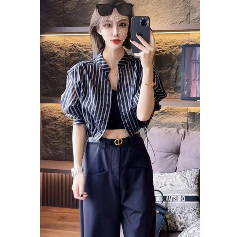 高腰短款防晒衣外套女夏季2023新款时尚洋派条纹抽绳衬衫女设计感
