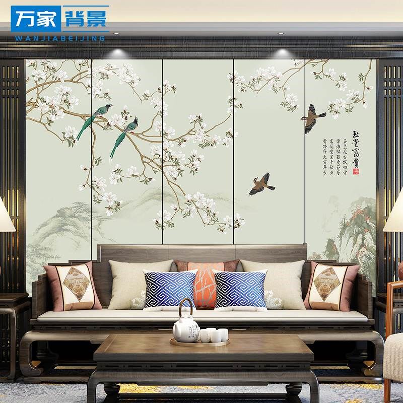 新款刺绣硬包背景墙客厅沙发卧室电视中式背景酒店床头壁画简约现