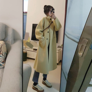 韩版宽松立领鹅g黄色呢子大衣女中长款2022年秋冬装小个子毛呢外