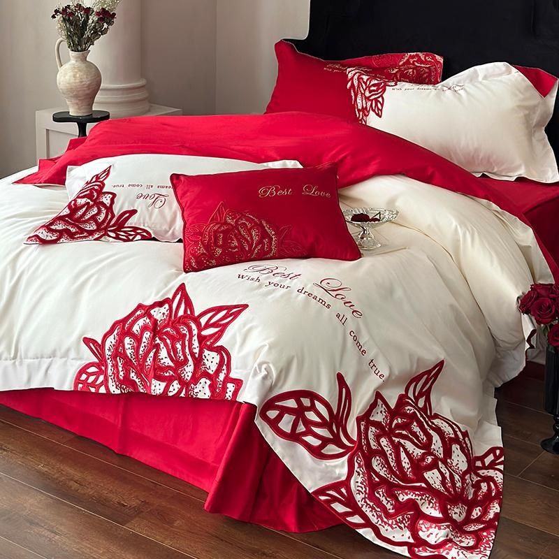 新疆长绒棉结婚庆玫瑰四件套喜庆酒红色被套陪嫁少女床品,床上用品,婚庆床品套件,淘宝优惠券,粉丝福利购,淘宝优惠卷