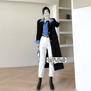 八 女修身 2024小个子秋装 搭配马丁靴七分直筒烟管K白色弹力牛仔裤