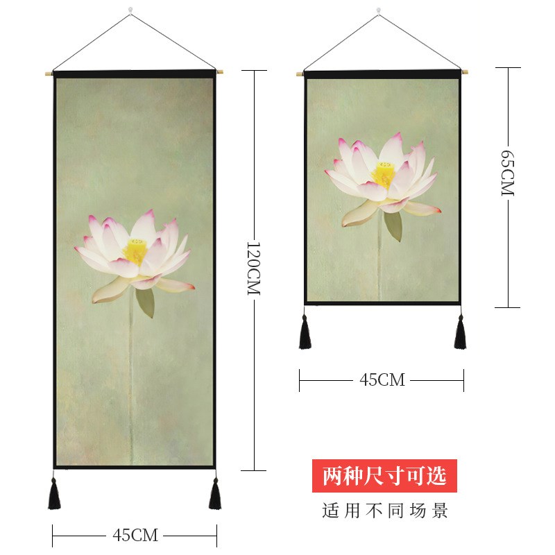 新中式茶室背景墙装饰画客厅棉麻中国风荷花禅意挂画沙发布艺壁画图片