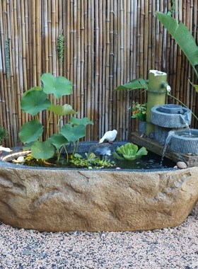 大型花园庭院假山喷泉流水景观加深养鱼池水池水循环露台造景摆件