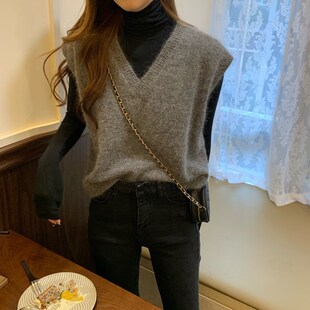 2023新款秋季宽松套头v领灰y色马海毛马甲毛衣针织背心韩版女学生
