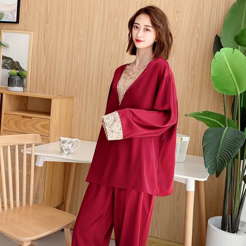 大码冰丝睡衣女200斤红色长袖长裤套装缎面结婚家居服胖妹妹春秋,女士内衣/男士内衣/家居服,睡衣/家居服套装,淘宝优惠券,粉丝福利购,淘宝优惠卷