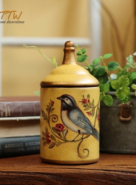 法式乡村做旧花鸟带盖收纳罐储物C瓶桌面摆件家居饰品陶瓷装饰工