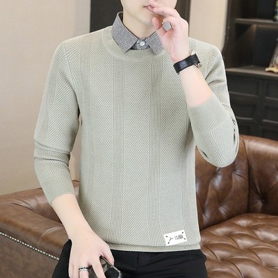 高品质男士假两件毛衣秋冬季不起球休闲衬衫领针织打底衫内搭线衣