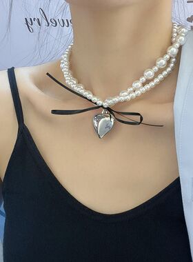 爱心珍珠项链女2k023年新款系带蝴蝶结高级感锁骨链轻奢小众毛衣