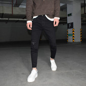 纯黑色破洞c九分牛仔裤 显瘦弹力铅笔 修身 男士 潮流割破毛边小脚裤