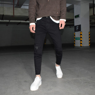 修身 潮流割破毛边小脚裤 显瘦弹力铅笔 男士 纯黑色破洞c九分牛仔裤