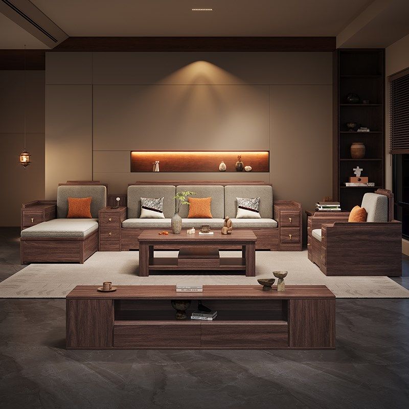 新中式黑胡桃木全实木沙发客厅现代简约大小户型冬夏两用储物沙发