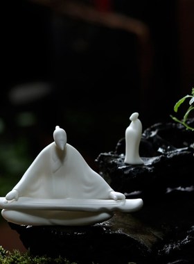 陶瓷古韵人物抚琴摆件客厅书房禅意装饰盆景造景桌面茶盘创意摆设