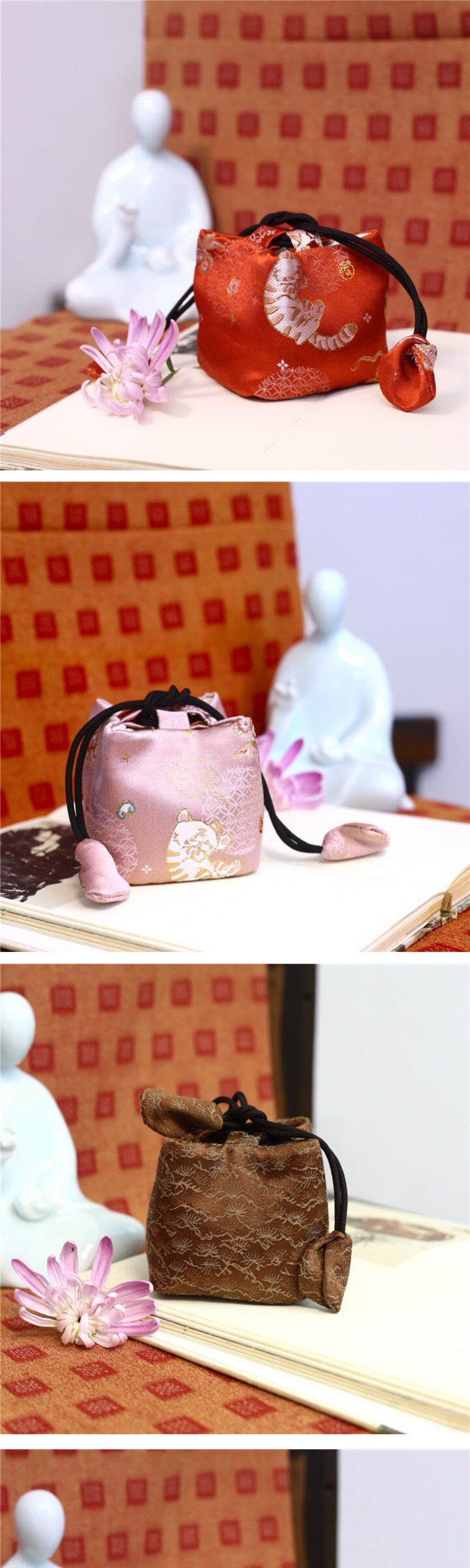 绸布袋 锦缎中式风刺绣旅行茶具主人杯加厚棉抽绳收纳布袋礼品小老虎布包 OTHER