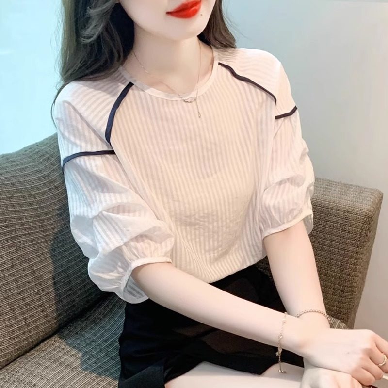 雪纺衫女短袖T恤夏季薄款2023新款宽松大尺码显瘦泡泡袖小衫上衣