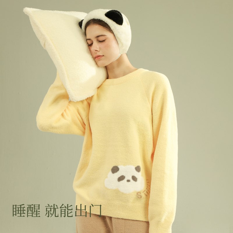 半边绒圆领套头睡衣女秋冬加绒保暖情侣家居服可外穿宽松套装