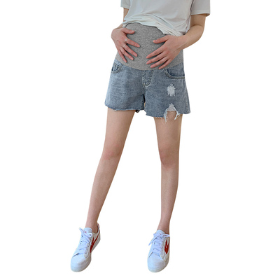时尚款毛边破洞孕妇牛仔短裤外穿春夏 宽松低腰孕妇V短裤 夏季潮
