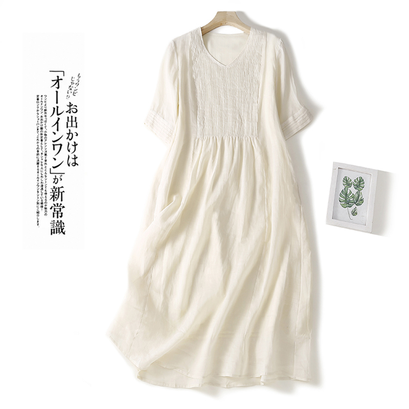 文艺风琴褶连衣裙女2022新款夏季薄款苎麻长裙显瘦气质高腰大摆裙