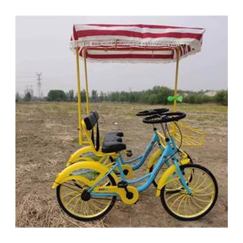 新款24寸双人自行车多人四轮自行车情侣车亲子三人家庭车旅游观光