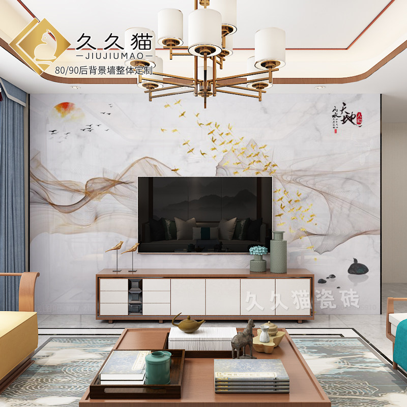 客厅岩板背景墙金色线条大理石瓷砖微晶石客厅影视墙石材羽毛安装