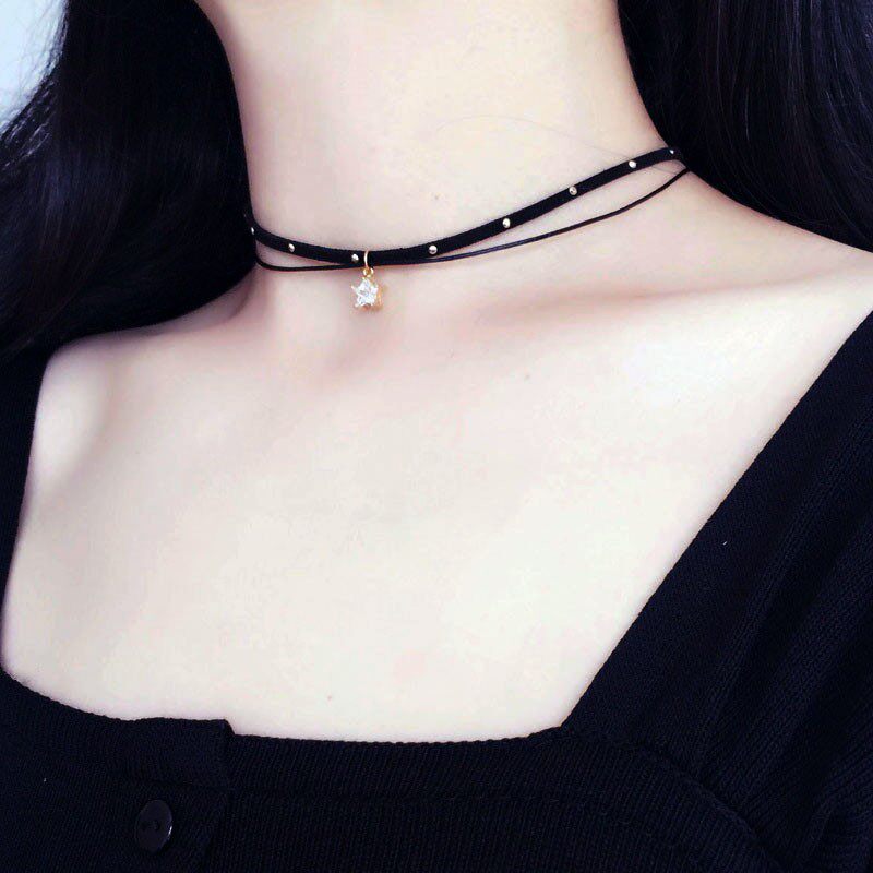 热销皮绳双层项链女潮choker锁骨链ins酷黑绳网红星星项圈少女脖