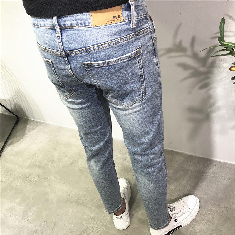 潮牌春夏浅蓝色百搭修身小脚九分牛仔J裤韩版青年男士休闲裤子