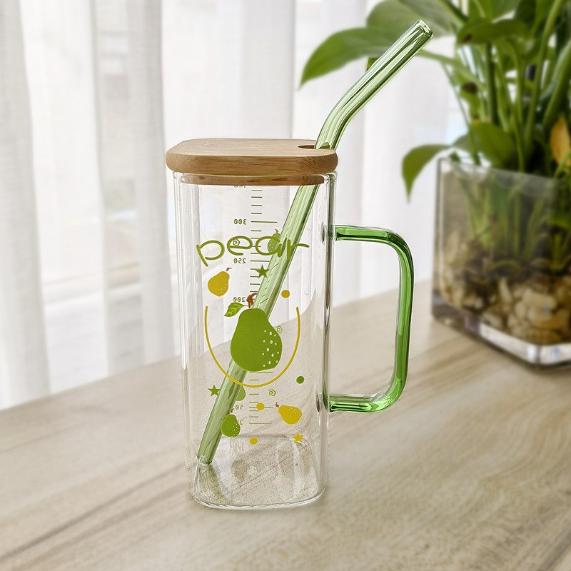 玻璃杯ins风吸管水杯高颜值带把手刻度杯加盖Q勺少女心水果印花杯