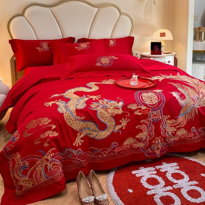 中式龙凤结婚四件套全棉刺绣被套大红色床单婚庆婚房床上用品,床上用品,婚庆床品套件,淘宝优惠券,粉丝福利购,淘宝优惠卷